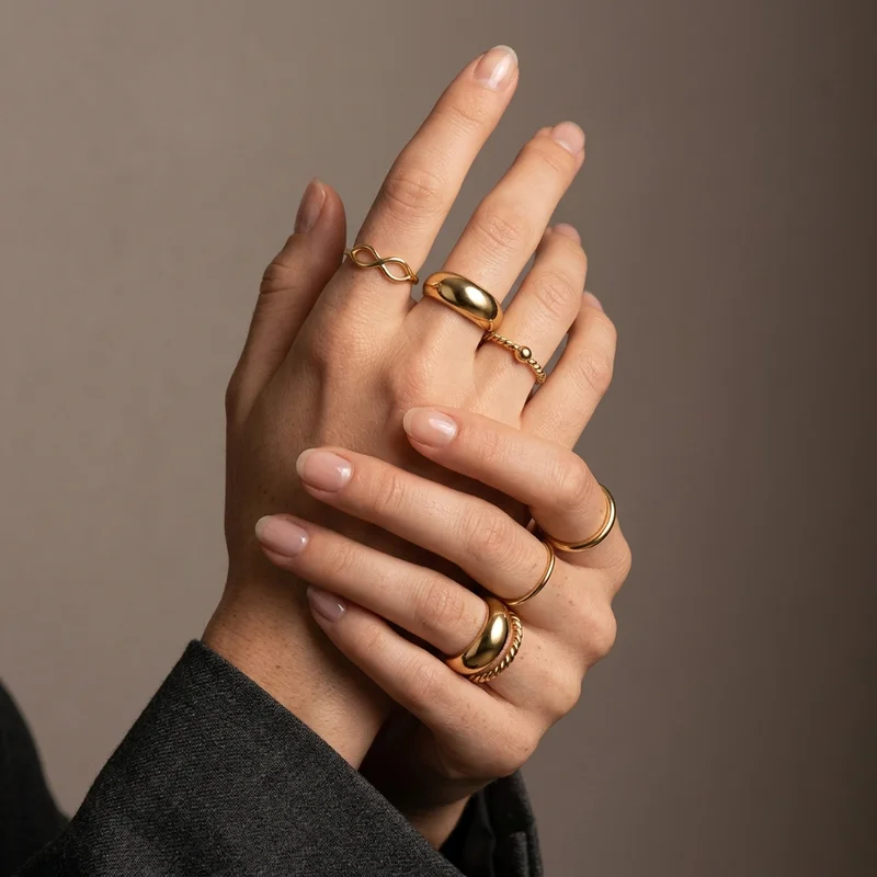 Stacked gold rings on clasped hands