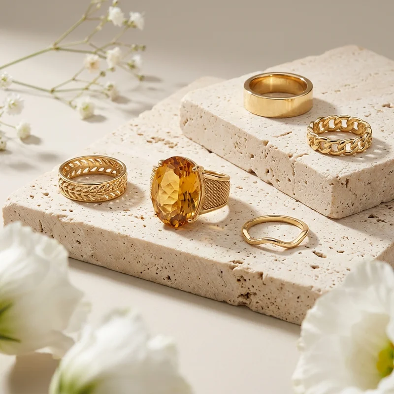 Gold rings on travertine stone