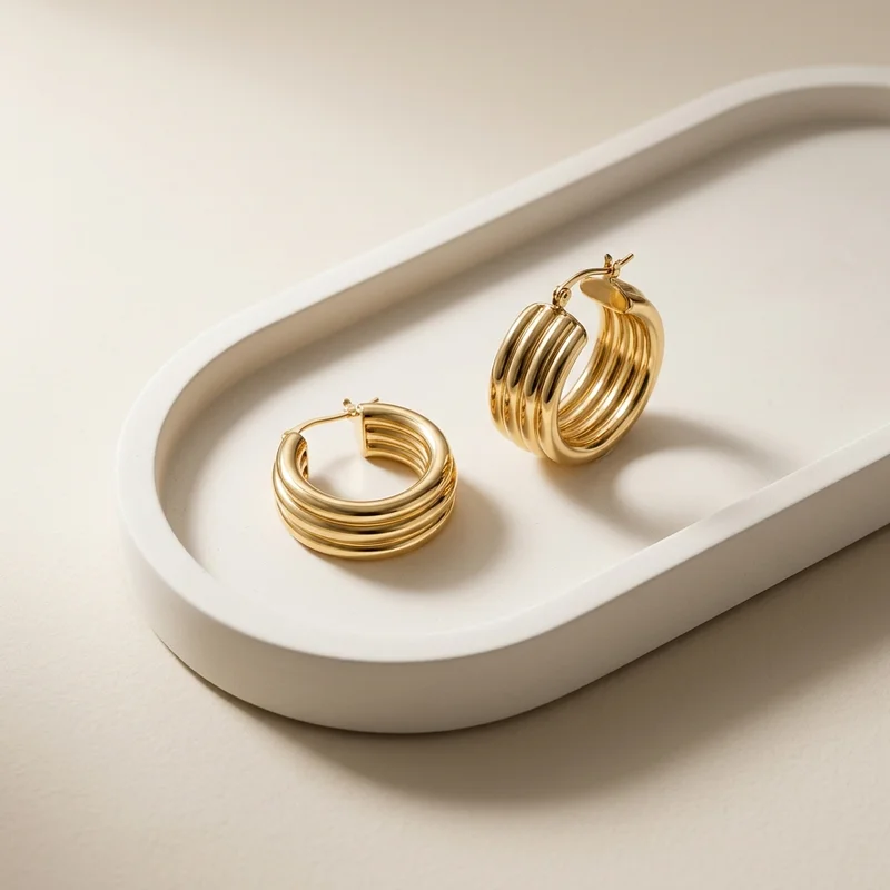 Minimalist gold hoops on concrete tray