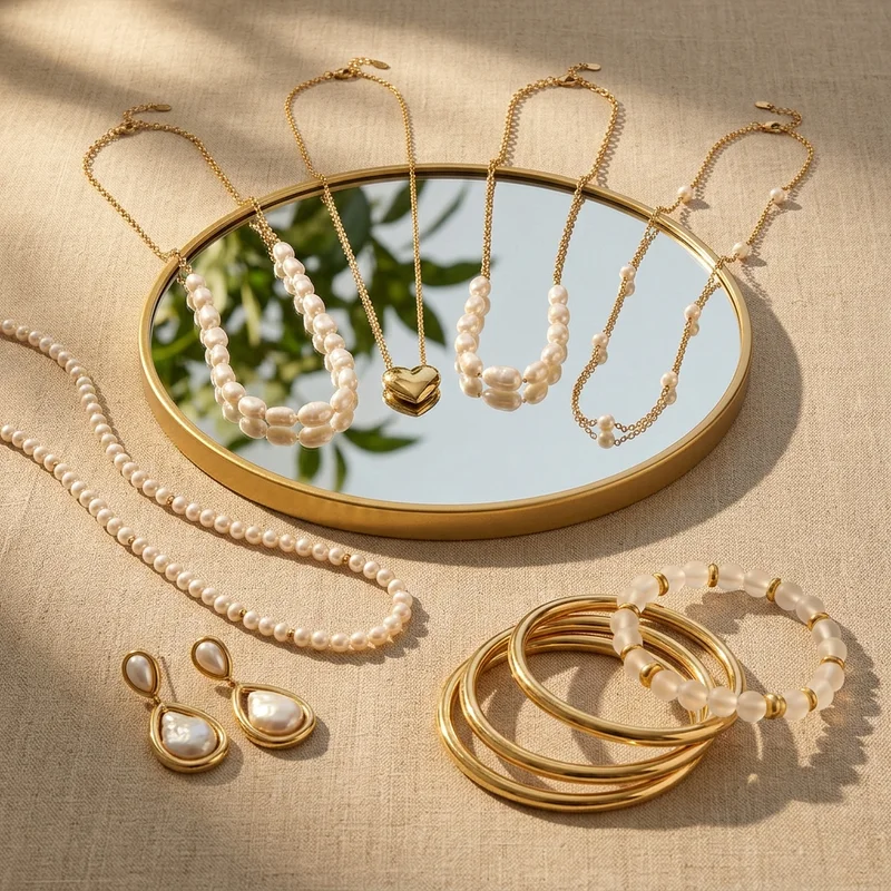Layered pearl and gold jewelry