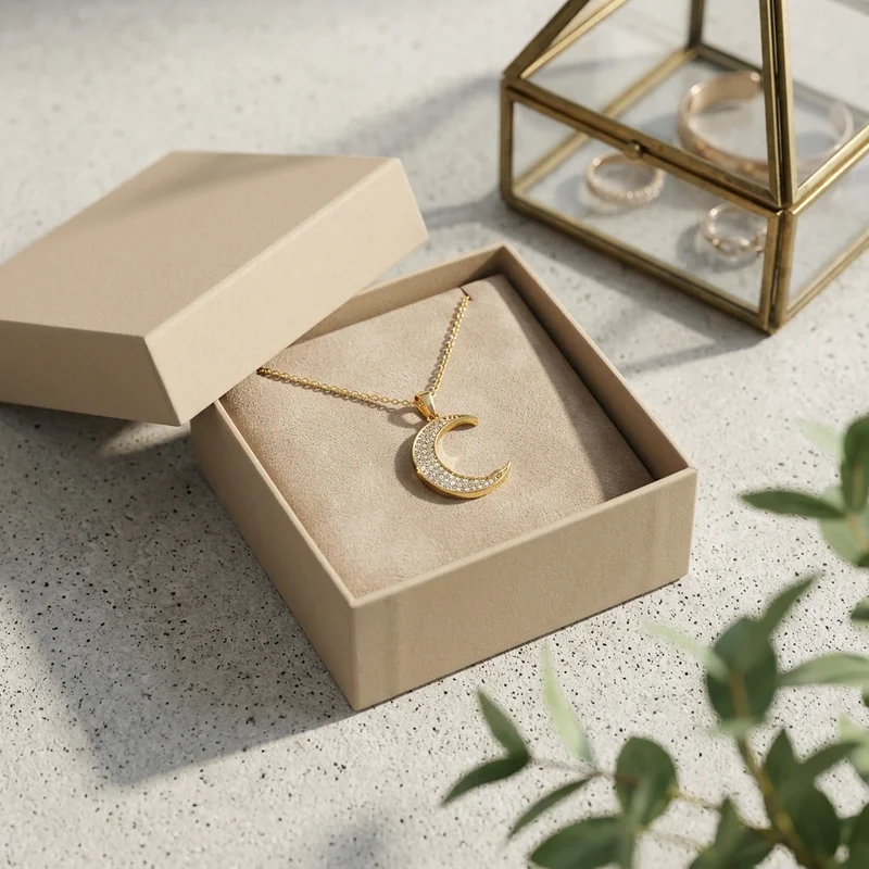 Golden moon necklace gift presentation