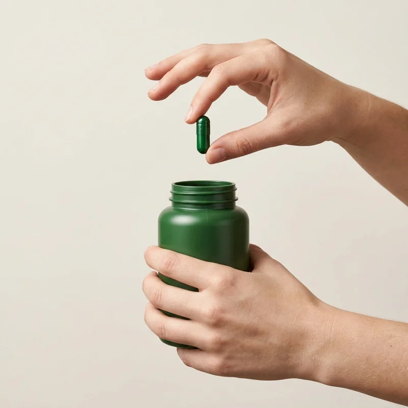 Green supplement bottle with hands