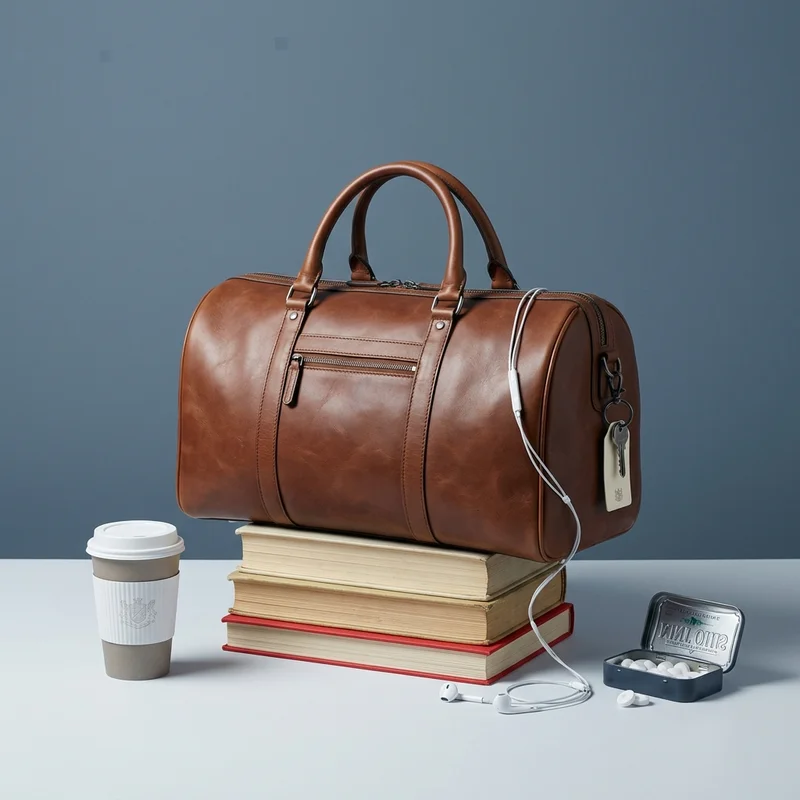 Leather duffel on vintage books