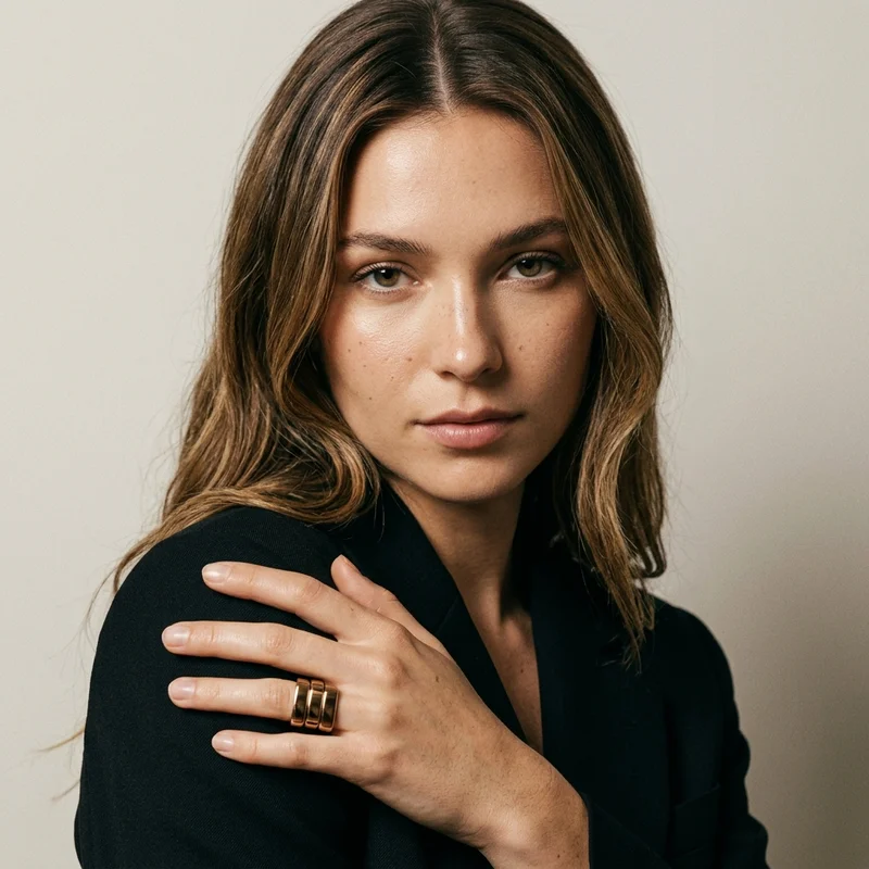 Geometric gold ring on model portrait