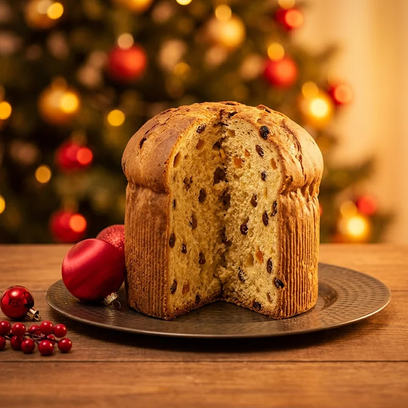 Festive panettone on wooden table