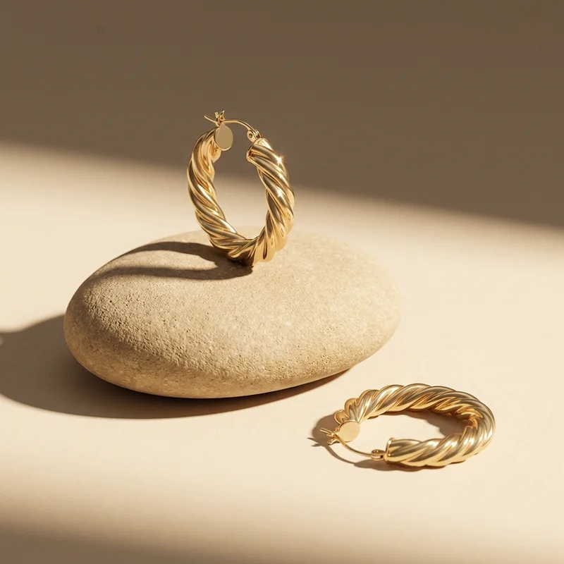 Gold twist earrings on stone