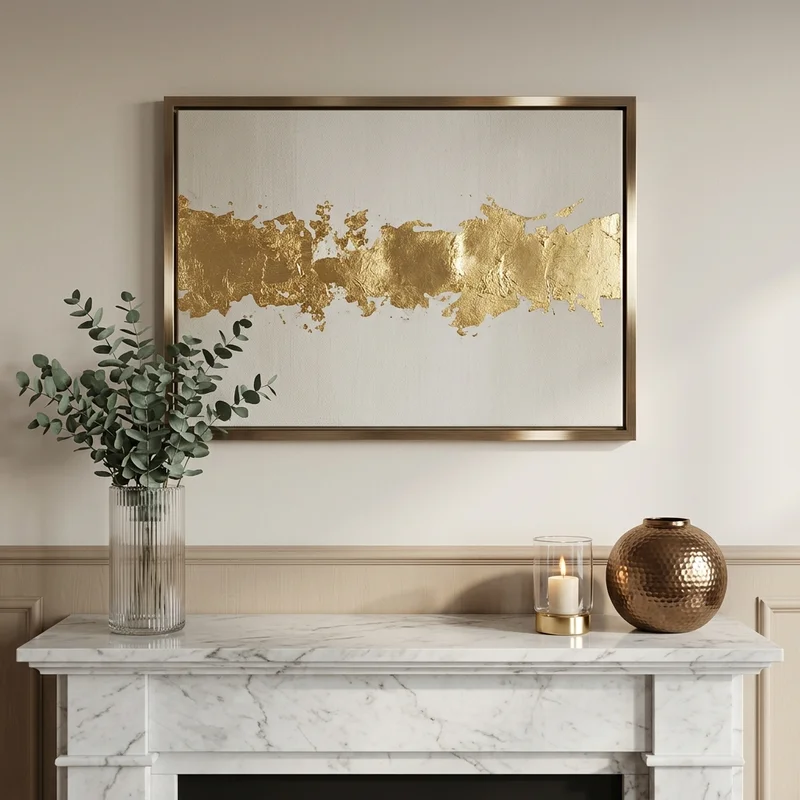 Gold abstract art on mantel
