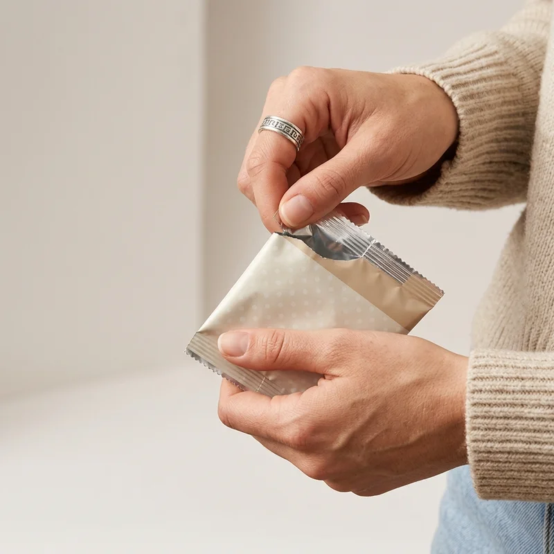 Hands opening product pouch