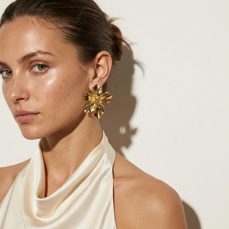 Luxury gold floral earring portrait