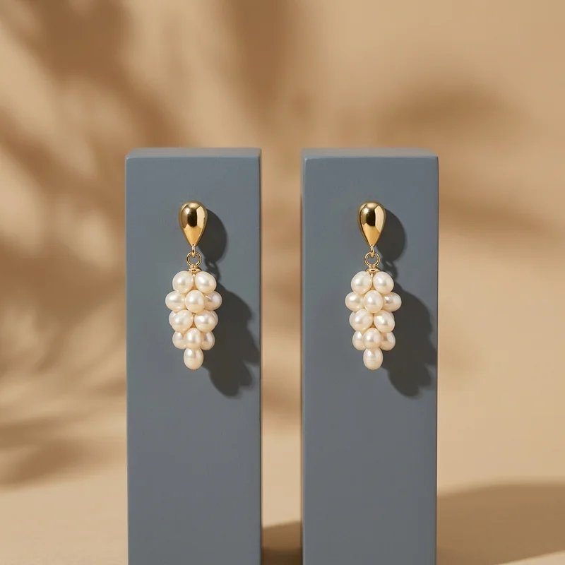 Modern pearl earrings on gray stands