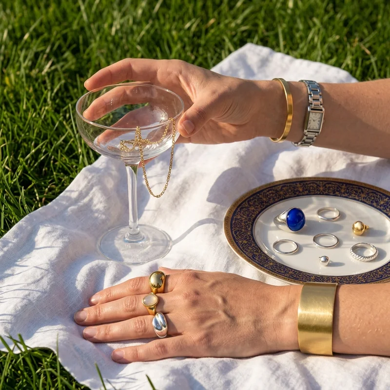 Elegant jewelry picnic on grass