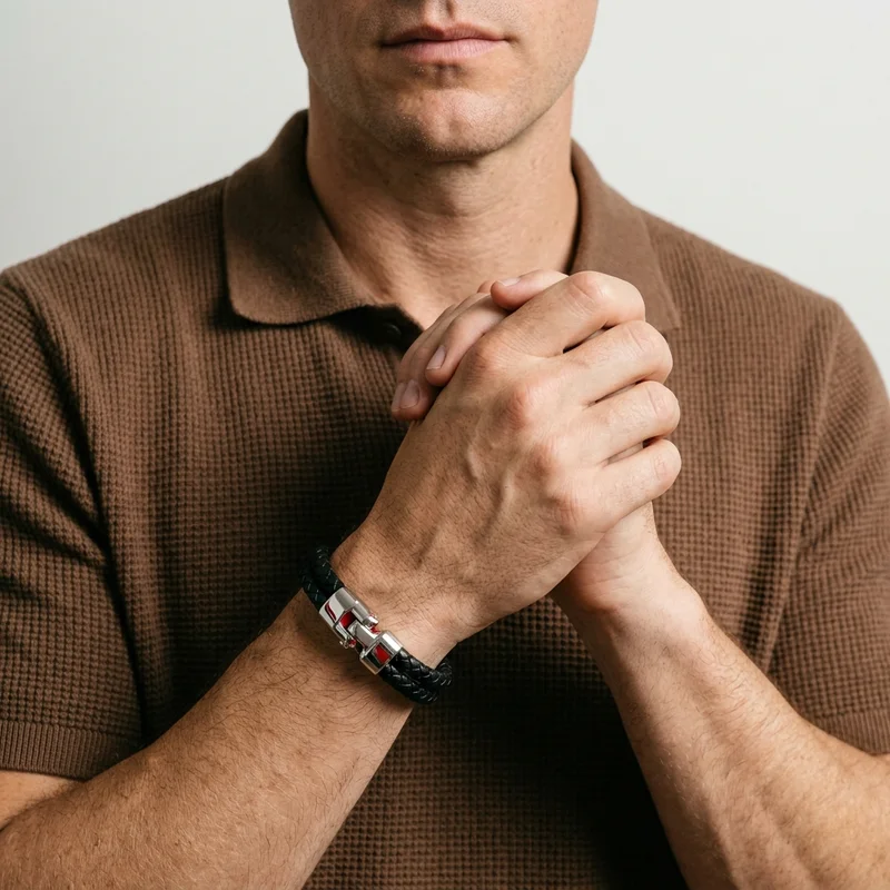 Men's leather bracelet on model