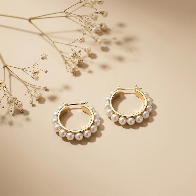 Elegant pearl hoops on beige