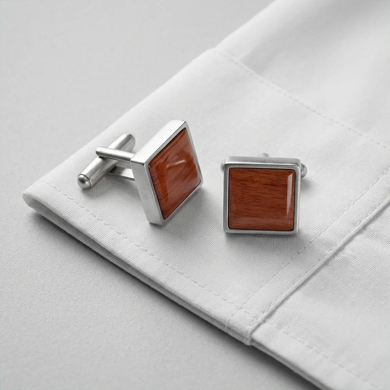 Sleek wooden cufflinks on white cuff