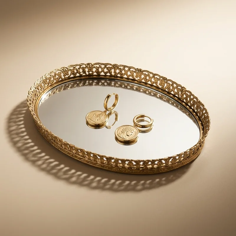 Vintage gold earrings on mirror