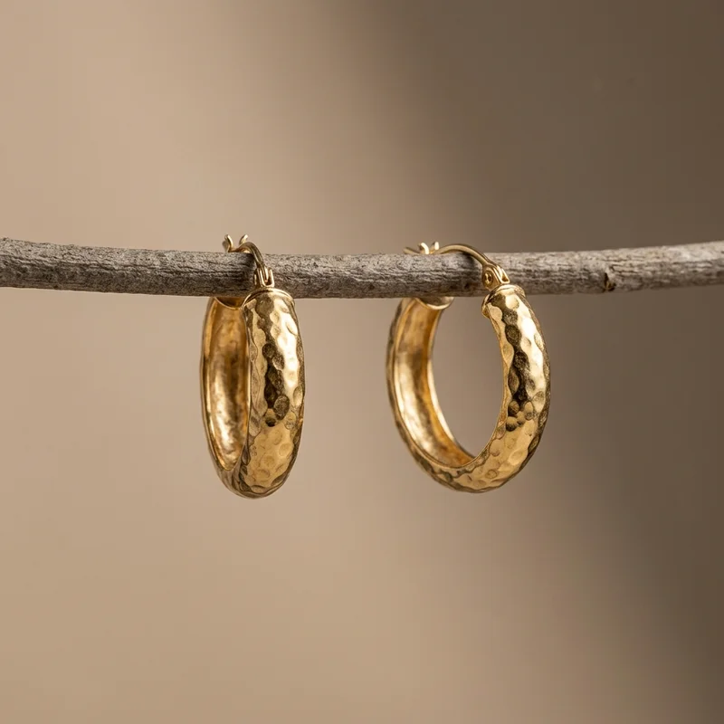 Gold hoop earrings on natural branch