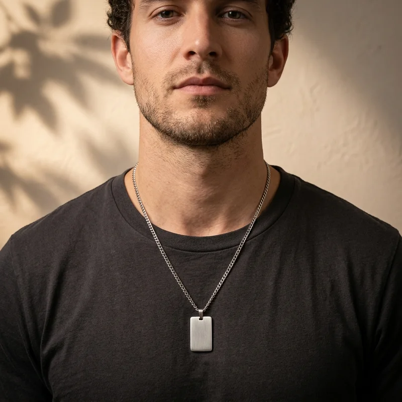 Silver tag necklace on man