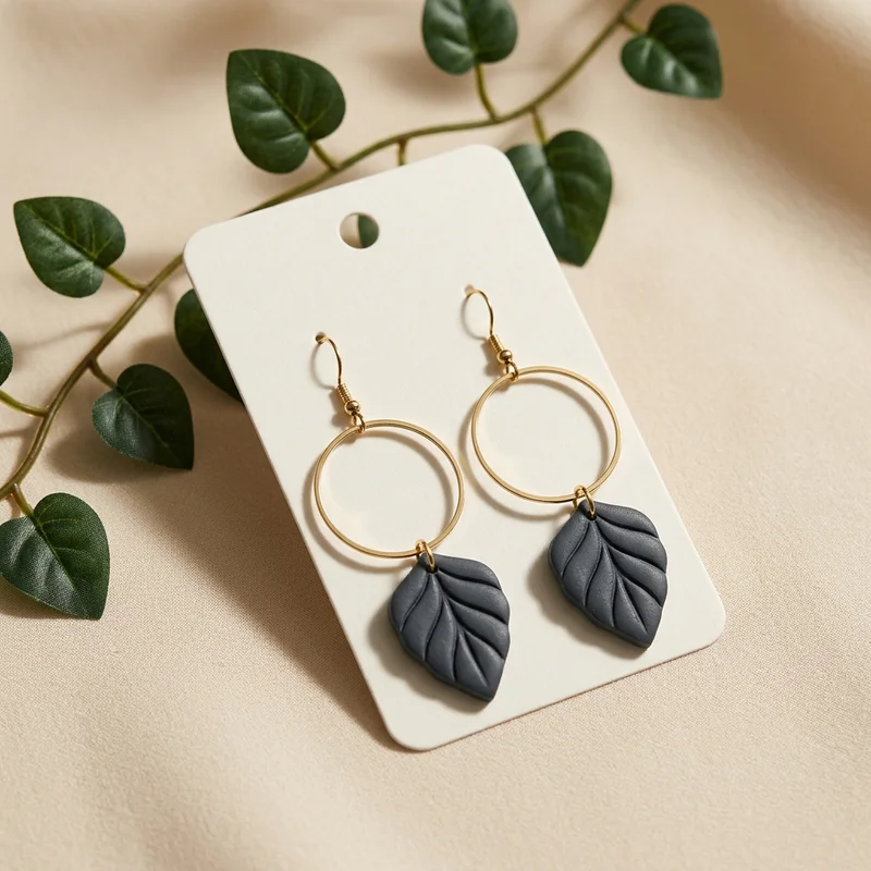 Artisanal leaf earrings on card