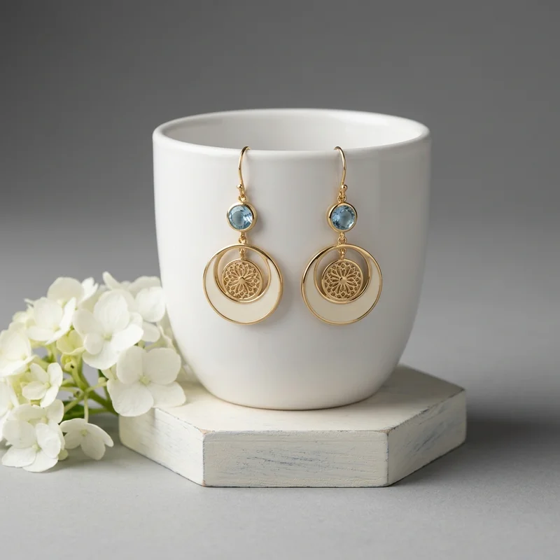 Elegant earrings on ceramic cup