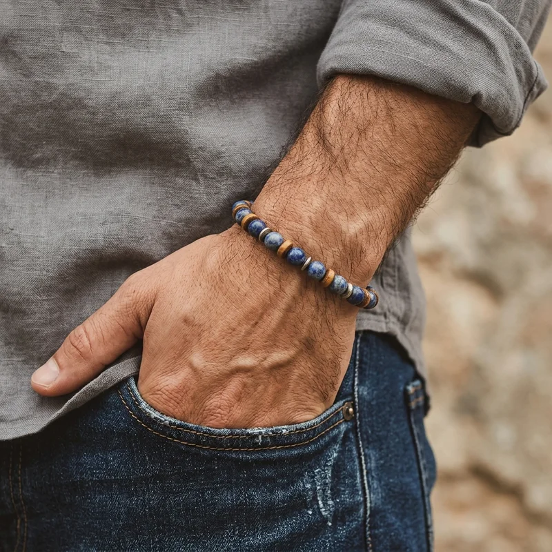 Men's beaded bracelet on wrist