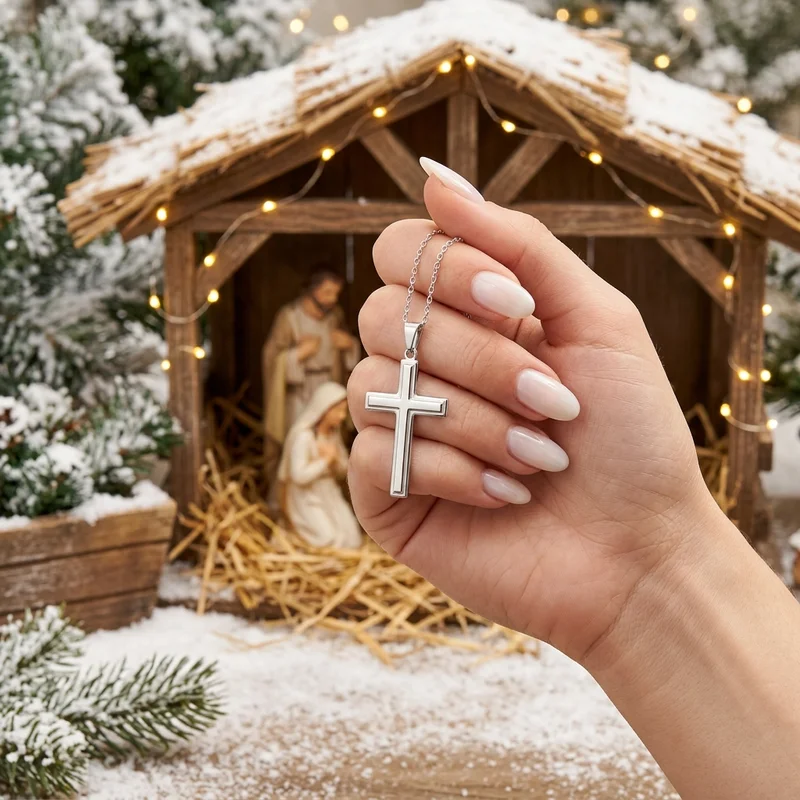 Silver cross at nativity scene