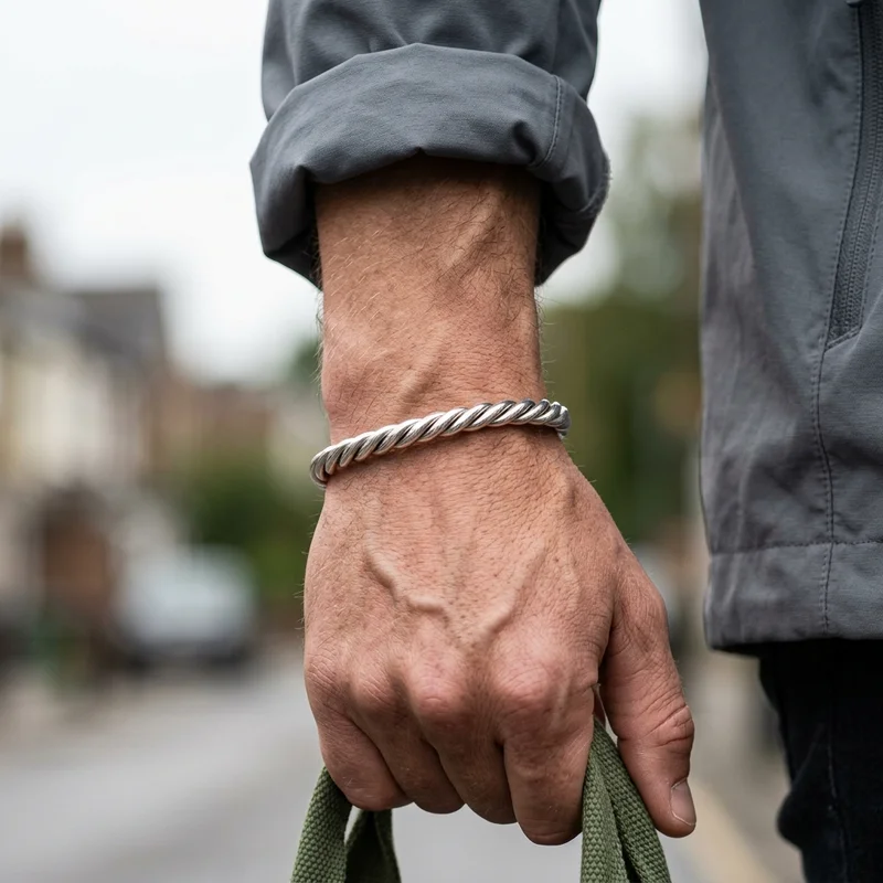 Urban style: Silver bracelet on wrist