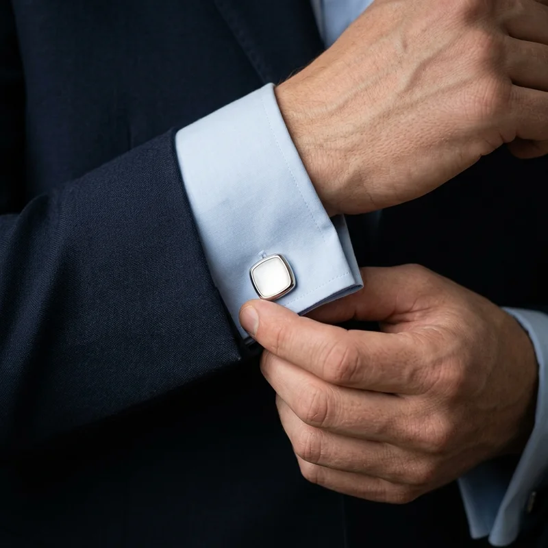 Elegant cufflink on navy suit and shirt
