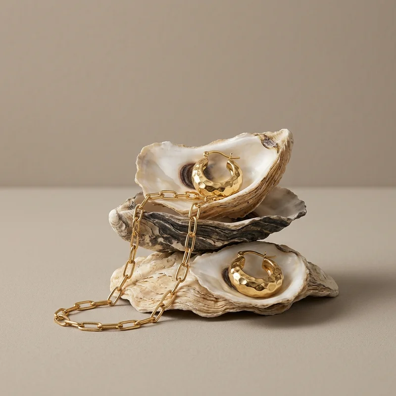 Gold jewelry on stacked oyster shells