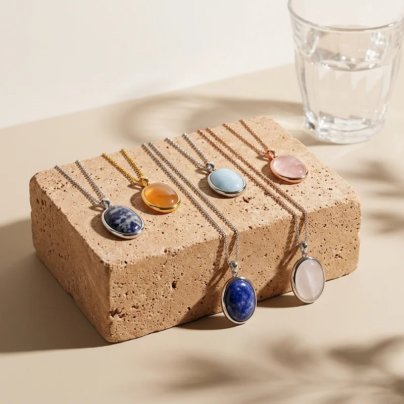 Gemstone necklaces on natural brick