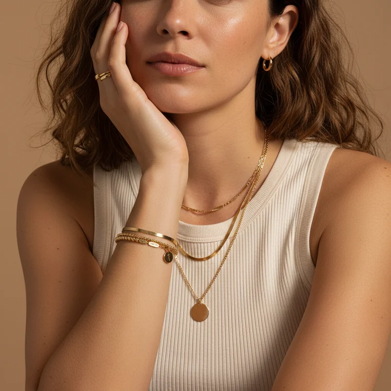 Layered gold jewelry on model