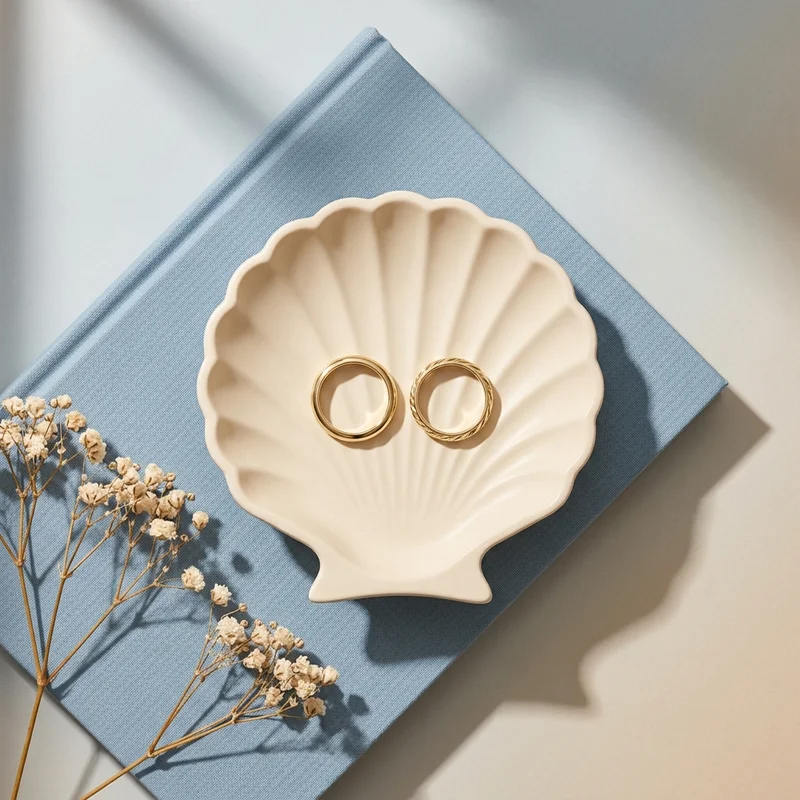 Elegant rings in seashell dish