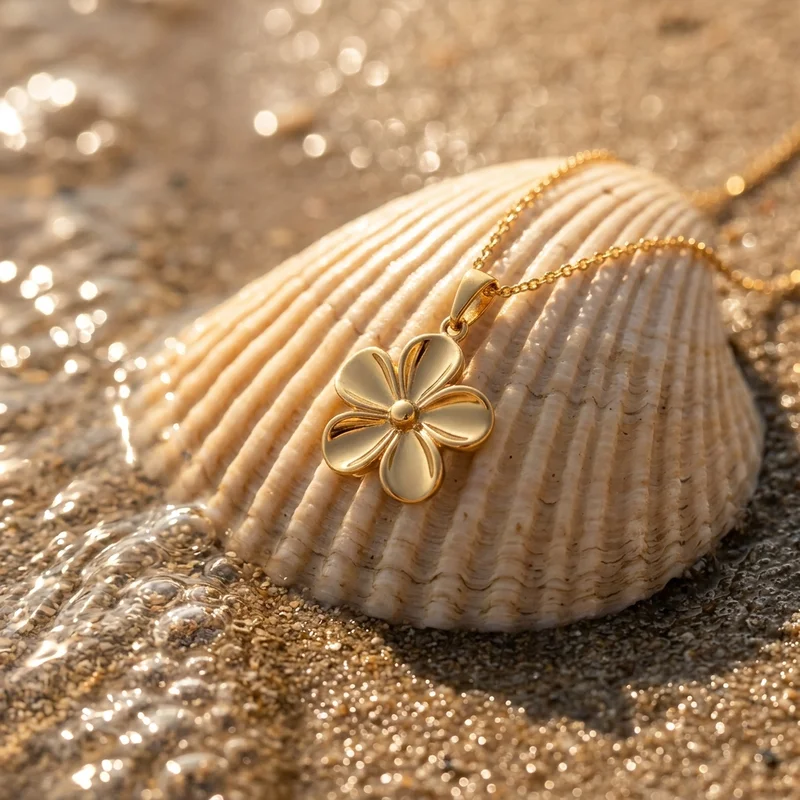 Golden flower necklace on beach shell