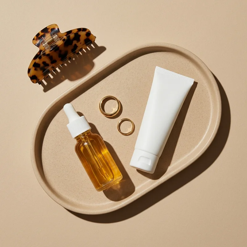 Minimalist skincare on textured dish