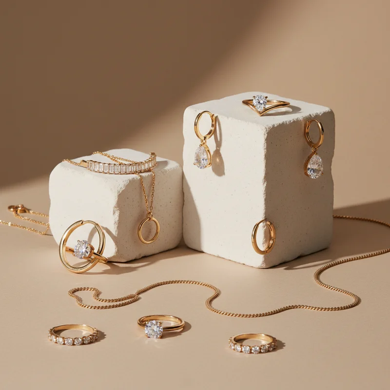 Gold jewelry on stone blocks