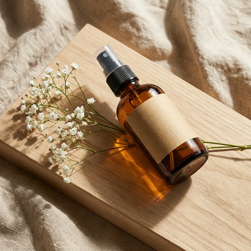 Natural skincare spray on wood
