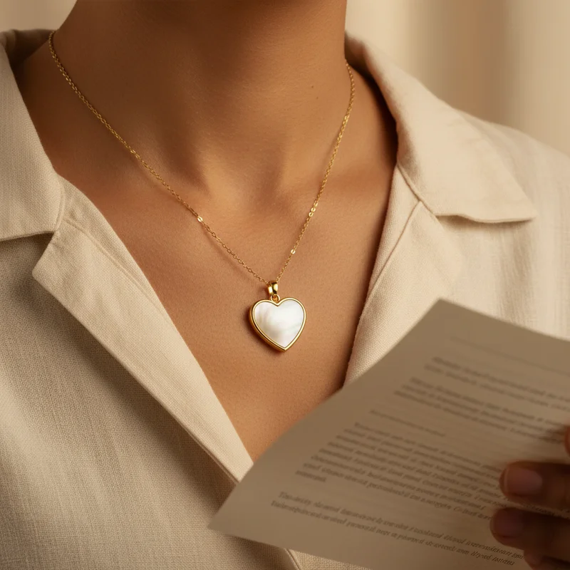 Elegant gold heart necklace on model