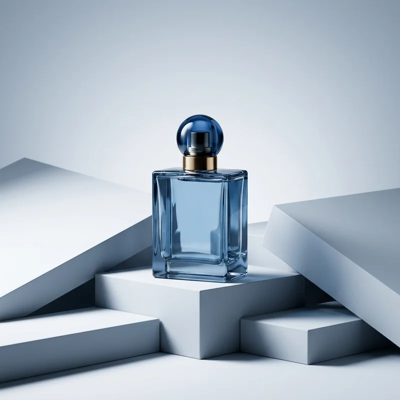 Modern blue perfume on geometric blocks