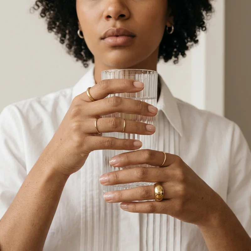 Modern gold rings and glassware