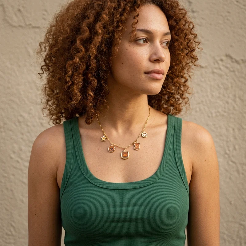 Gold charm necklace on model