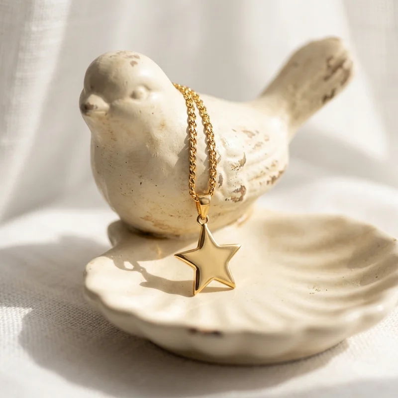 Gold star necklace on vintage bird
