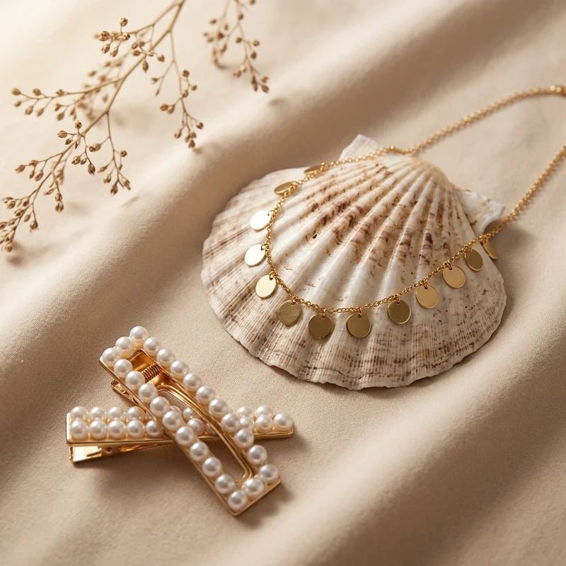 Delicate gold jewelry on shell