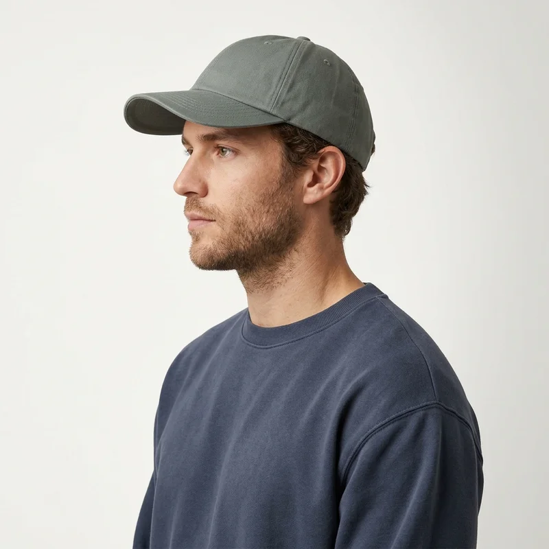 Minimalist grey cap on model profile