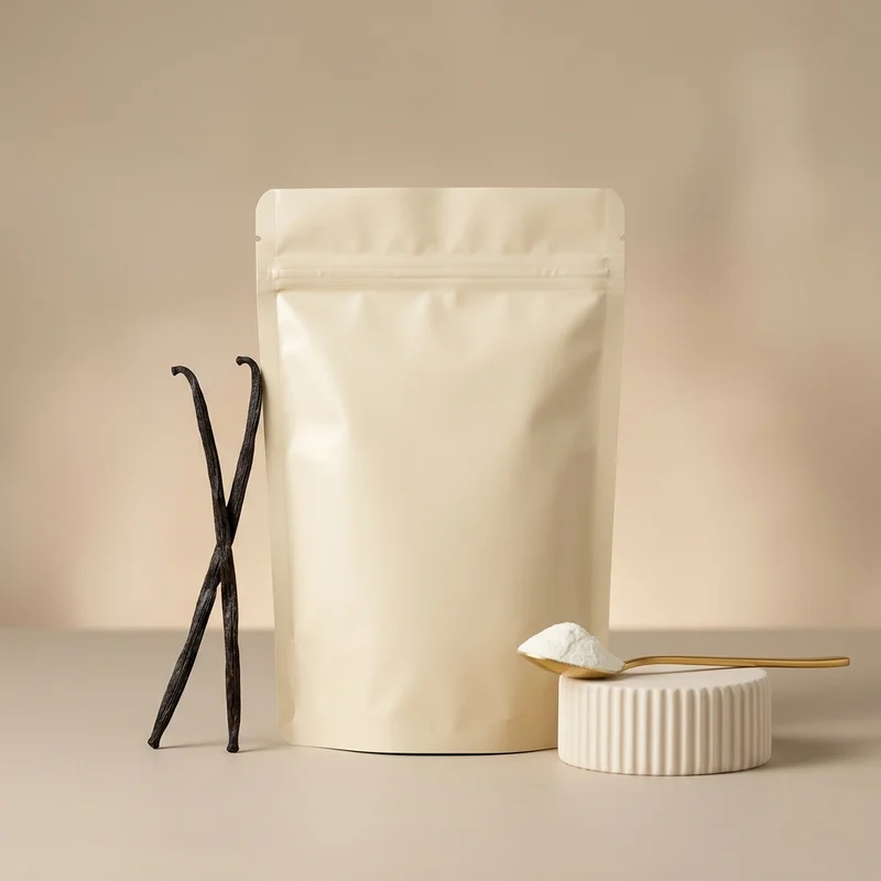 Vanilla powder pouch on pedestal