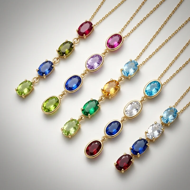 Colorful gemstone necklaces on gray