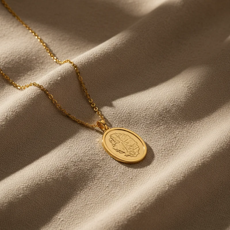 Gold pendant on textured fabric
