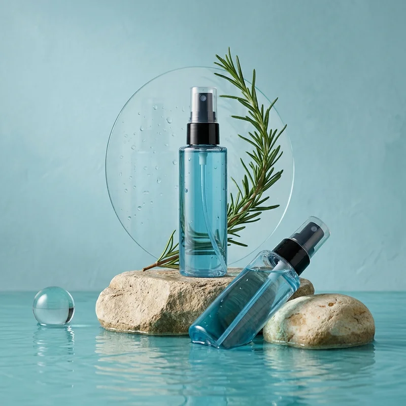 Fresh blue skincare on water rocks