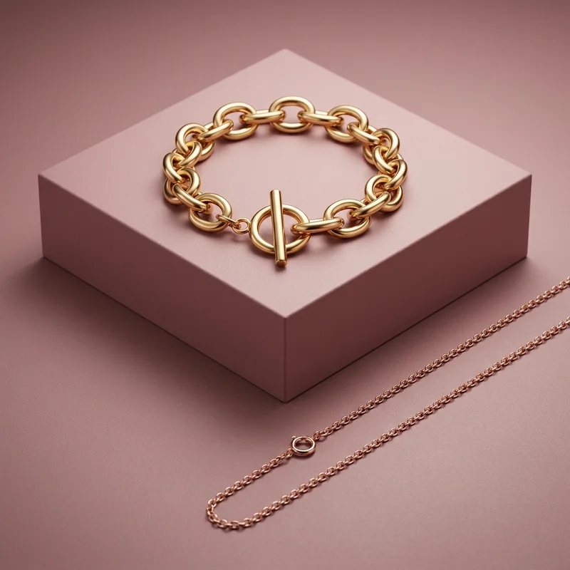 Minimalist gold jewelry on pink block