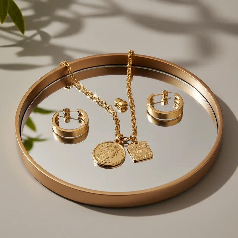 Gold jewelry set on mirror tray