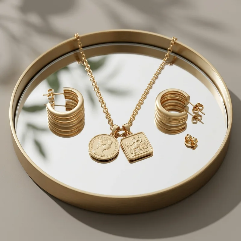 Gold jewelry on mirror tray