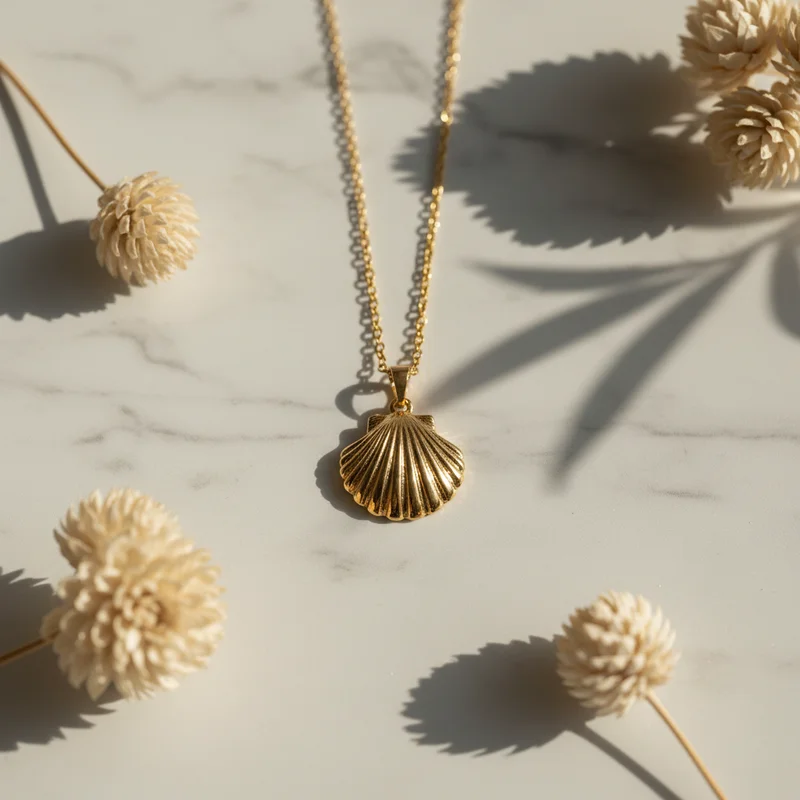 Gold seashell necklace on marble